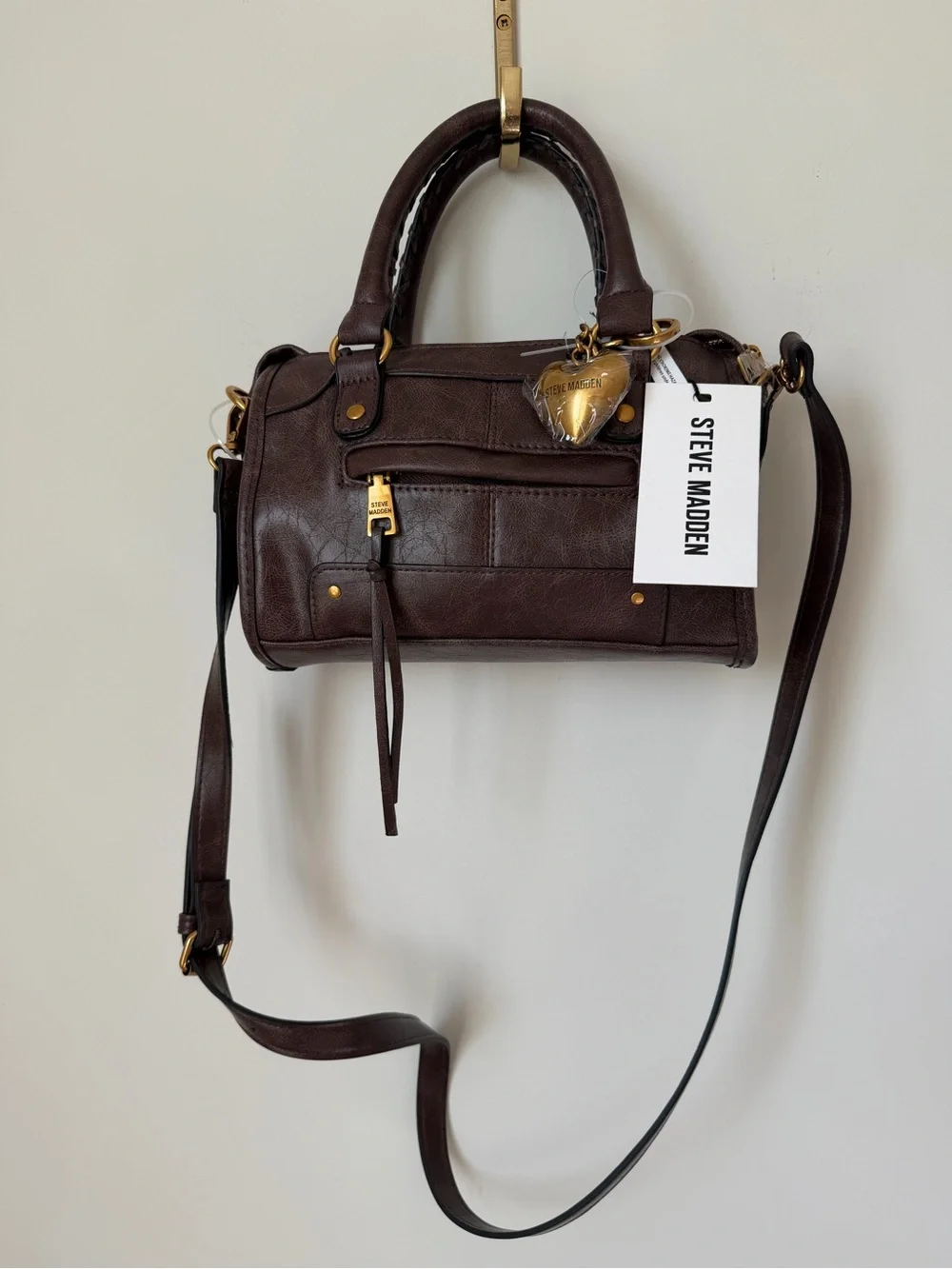 Brown Leather Mini Satchel bag with rhinestone heart charm gold hardware